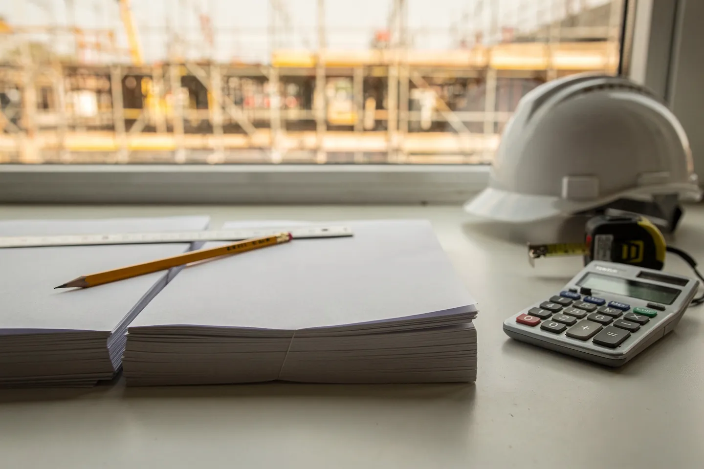A site-office table with two thick stacks of paper, a pencil and a ruler, next to a calculator, a tape measure and a hard hat, scaffolding out of focus behind the window