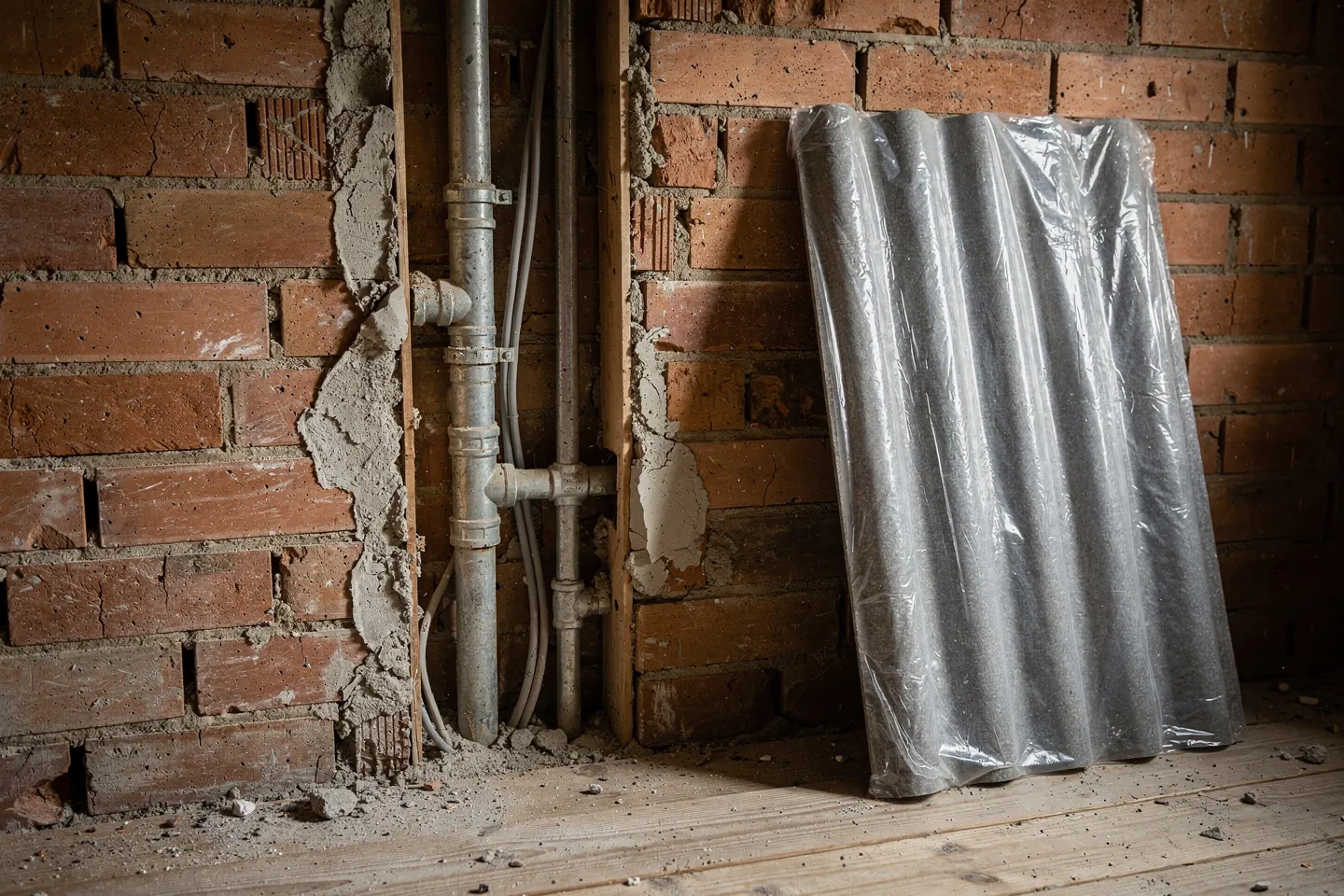 An opened chase in the brick wall of an old house exposing old galvanised steel water pipes and aluminium wires, beside it a grey corrugated fibre-cement sheet wrapped in thick clear plastic sheeting, and dust on the wooden floor