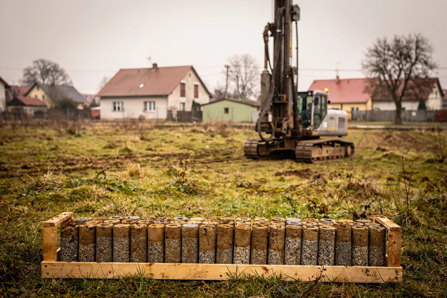 Egy kis geotechnikai fúróberendezés egy üres, füves építési telken, a talajmagminták egy fa magdobozban vannak elhelyezve az előtérben