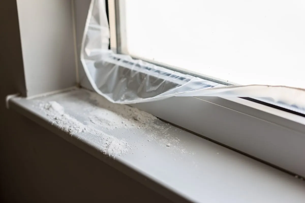 Protective film peeled halfway off a newly installed window frame, with plaster dust still on the sill