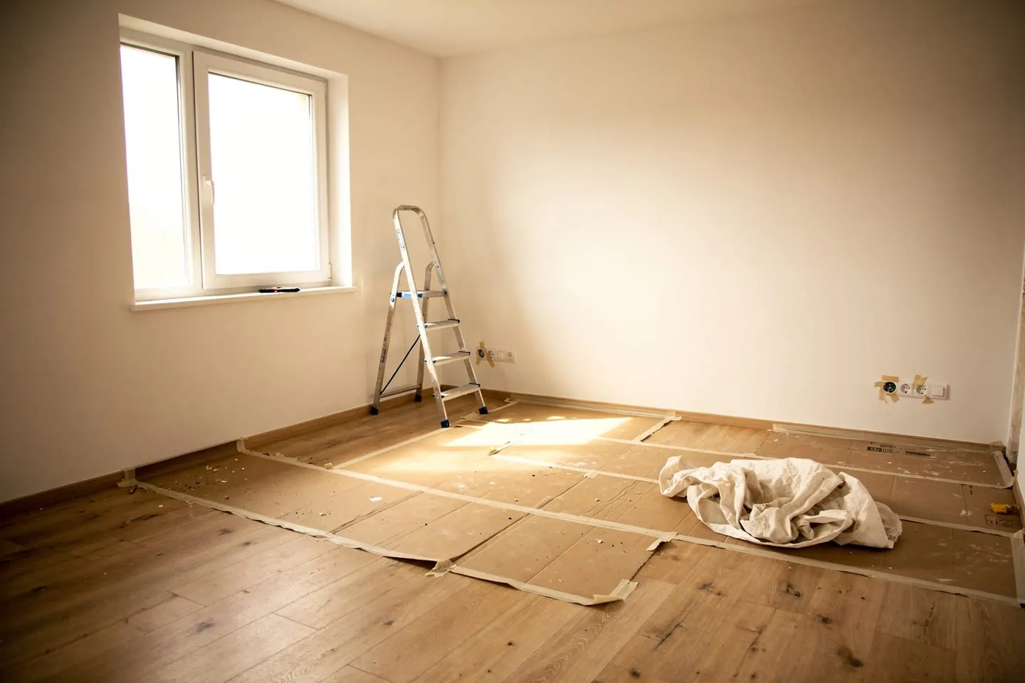 A newly finished, empty room at handover, its floor still part-covered by protective sheeting