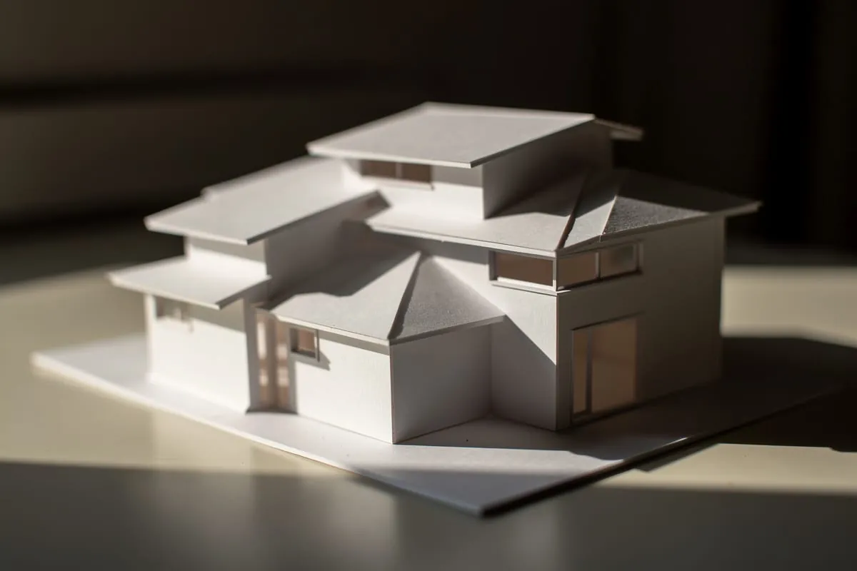 Ein weißes Kartonmodell eines Hauses mit gestaffeltem Dach und mehreren vorspringenden Bauteilen, das überlagerte Schatten wirft