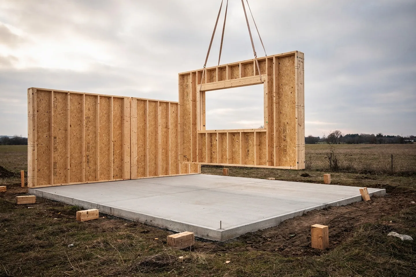 A prefabricated timber wall panel with a window opening being lowered by a crane onto a concrete foundation slab, two wall panels already standing at the corner