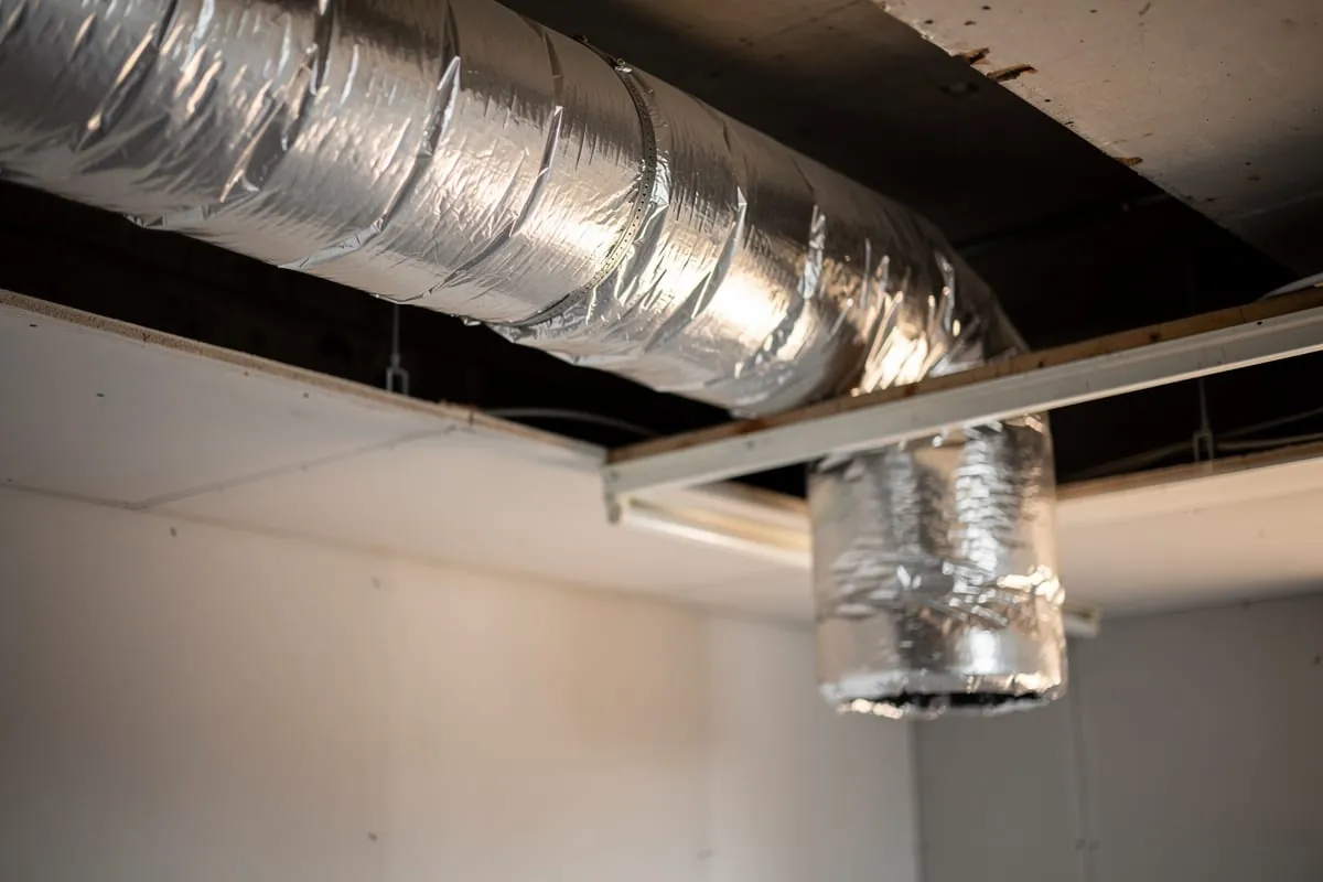 Insulated ventilation ducting running through a service void above a ceiling, with a branch turning down out of the main run