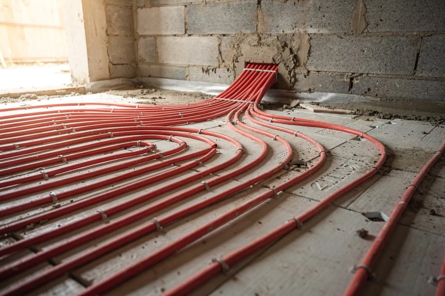 Underfloor heating pipe clipped in parallel loops across insulation boards on a floor slab