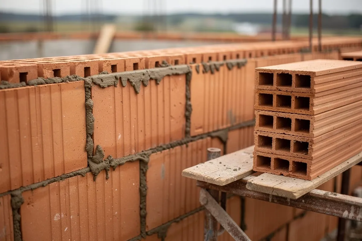 Wznoszona ściana z pustaków ceramicznych z zaprawą wyciśniętą ze spoin, obok na pomoście stos niewmurowanych bloczków