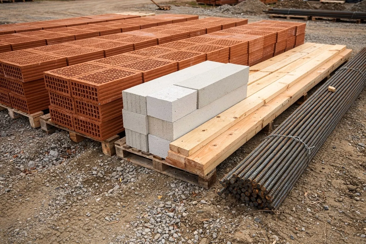 Materiały budowlane złożone na placu budowy – pustaki ceramiczne, beton komórkowy, tarcica i pręty zbrojeniowe
