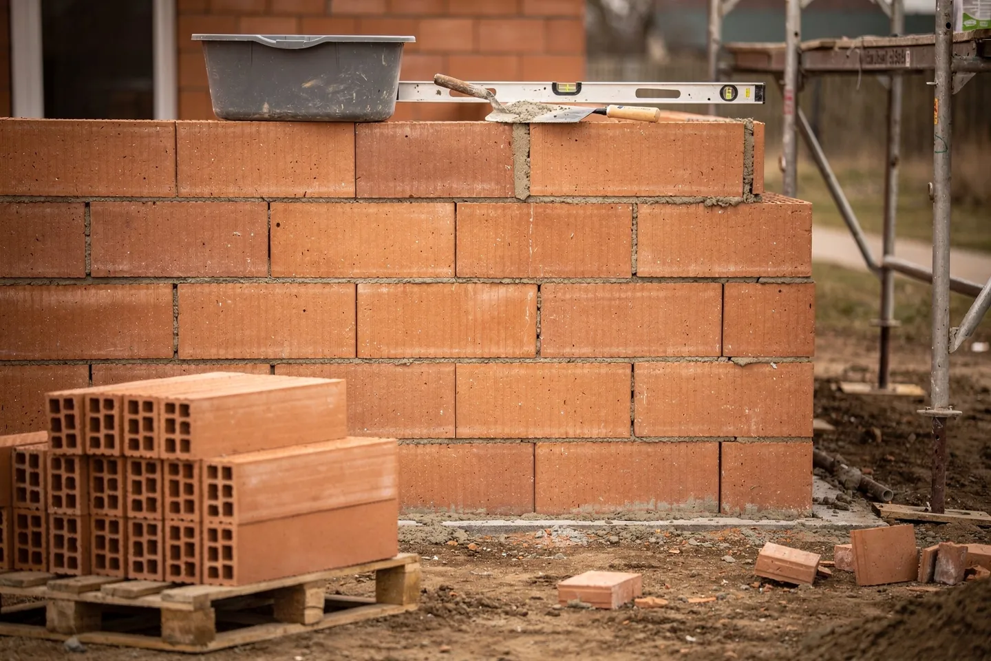 A half-built ceramic-block wall on a house building site with a mortar tub, a spirit level and a trowel on top of the wall and a stack of blocks on a pallet beside it, no people