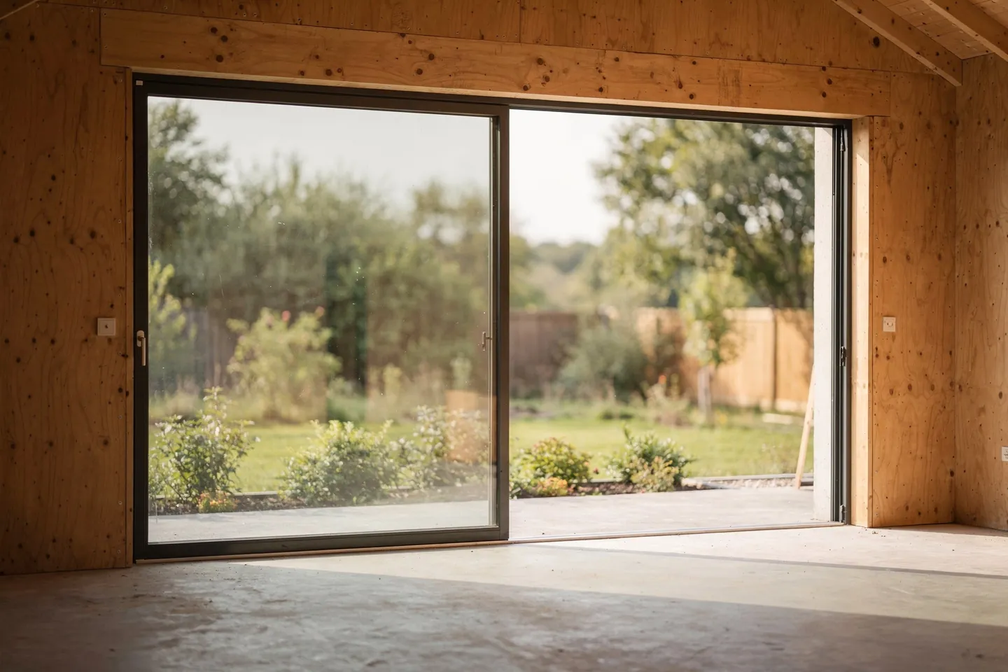 View from inside an unfinished timber house with bare plywood walls and a concrete floor towards a very wide floor-to-ceiling lift-and-slide door with one fixed and one sliding pane in a slim dark frame, a garden beyond