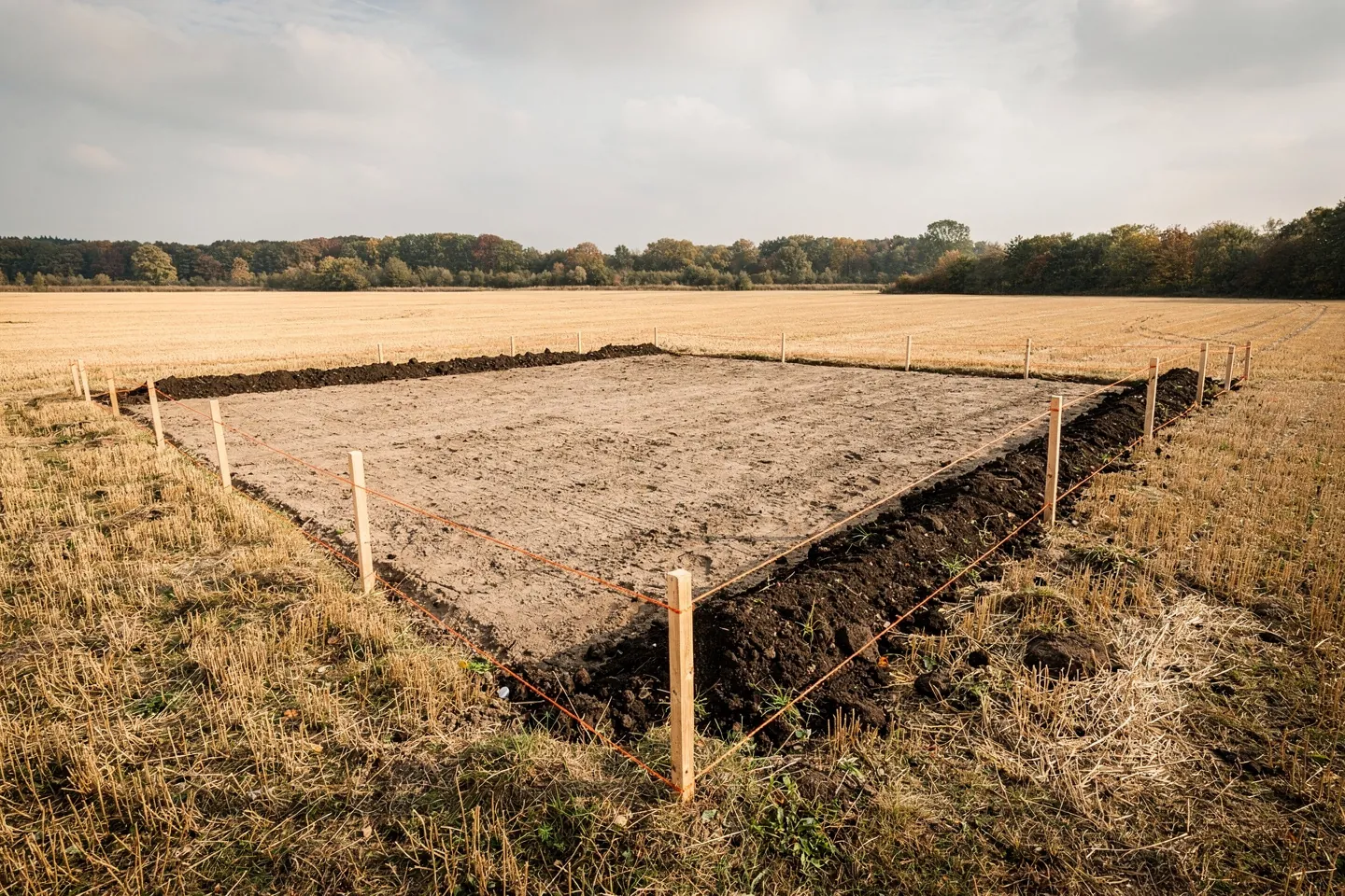 The edge of a freshly surveyed building plot cut out of an arable field, with survey stakes and string lines, a strip of stripped topsoil heaped at one side and the field continuing beyond