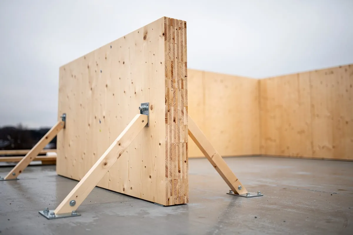 A cross-laminated timber wall panel standing braced on a concrete slab, its cut top edge showing the crossed layers