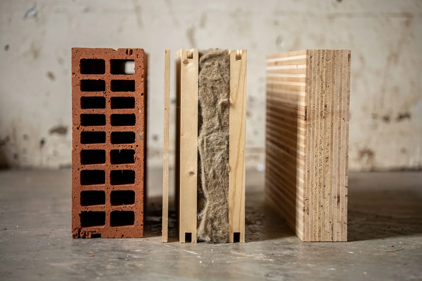 Three wall specimens side by side: a clay block, an insulated timber stud panel and a cut edge of cross-laminated timber